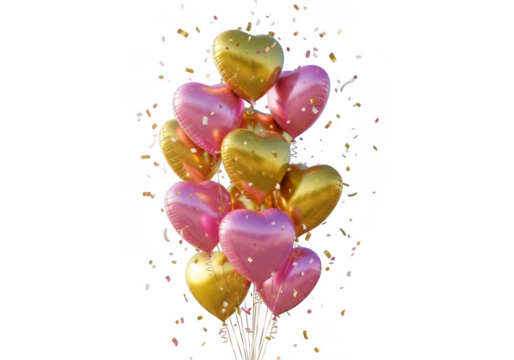 Lustrous heart balloons floating gold pink metallic celebration romantic valentine's day love anniversary event decor transparent background