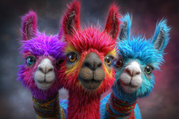 Obraz premium Drei farbenfrohe Alpakas mit flauschigem Fell – fantasievolle Tierillustration