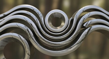 Abstract metallic wavy tubes some cracked converging to a central hollow cylinder