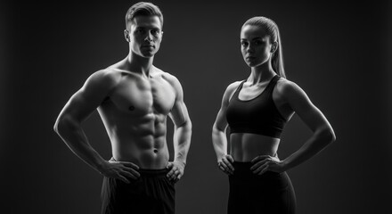 Striking Black and White Image of a Muscular Man and Woman.