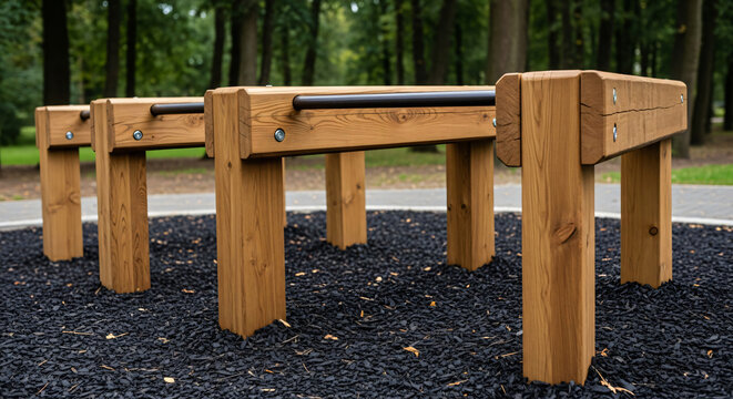 Modern Wooden Parallel Bars in a Calisthenics Park
