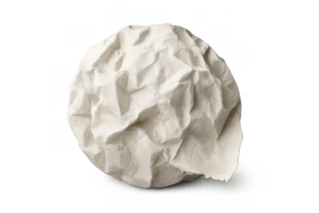 White crumpled paper ball showcasing discarded thoughts, errors, and the concept of recycling, isolated with a transparent background