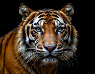 Fototapeta premium Focused Tiger Face with Intense Gaze Against Dark Background