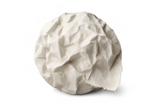 White crumpled paper ball showcasing discarded thoughts, errors, and the concept of recycling, isolated with a transparent background