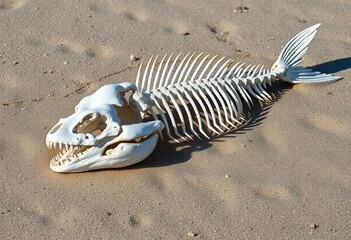 A single, bleached fish skeleton rests on a sandy seabed,  relic,  zoology