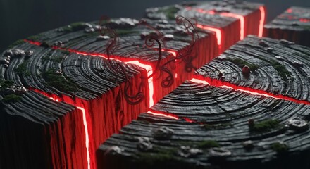 Abstract wooden disc split into segments with bright red glowing fissures and dark wisps