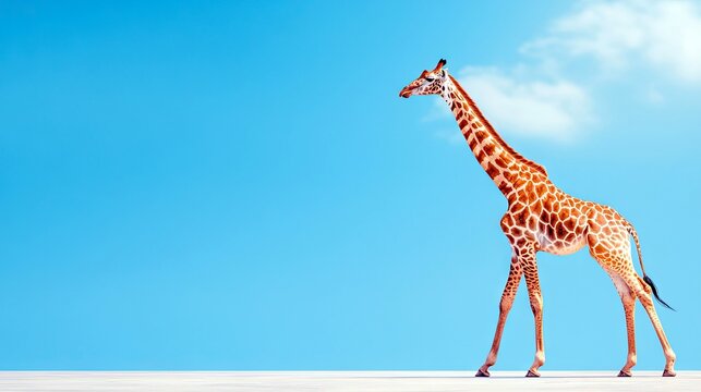 A solitary giraffe walks across a bright, flat surface under a clear blue sky with a wispy cloud.