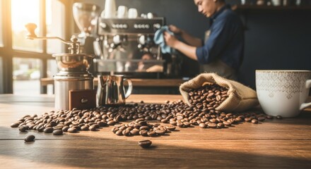 Barista cleans espresso machine with coffee beans foreground.