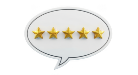Premium 5 star customer rating feedback review quality service satisfaction golden stars speech bubble icon transparent background
