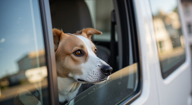 Dog looking out through van window during daytime on city street  
