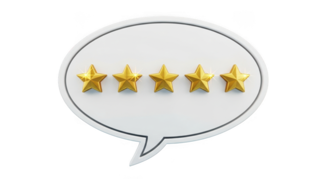 Premium 5 star customer rating feedback review quality service satisfaction golden stars speech bubble icon transparent background