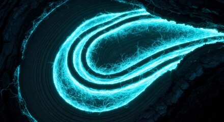 Bright cyan bioluminescent filaments outline a curved pattern within dark textured wood or rock resembling growth rings