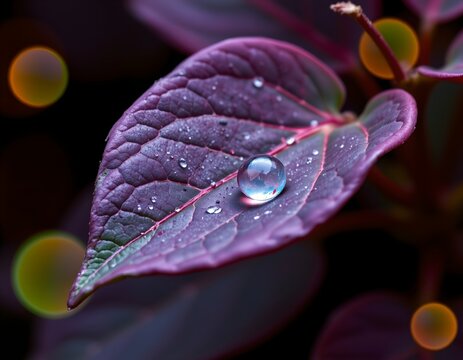 Closeup Dewkissed Purple Leaf with Bokeh Lights - Powered by Adobe