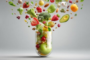 A clear capsule filled with mixed fresh fruits, vegetables, nuts and seeds bursting upward. Concept of natural vitamins, organic supplements and food-based nutrition for a healthy lifestyle.
