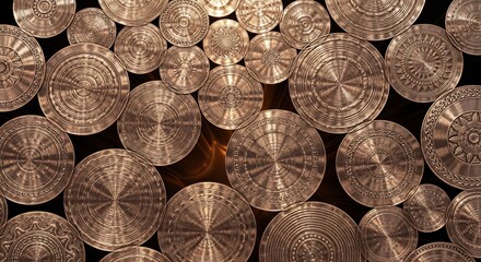 Circular embossed metallic discs with intricate patterns and concentric circles varying in size on a dark background