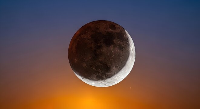 Lunar Eclipse with Moon Showing Red and White Phases at Sunset