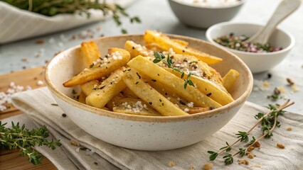 A bowl of crispy golden French fries sprinkled with seasoning arranged beautifully in a clean container creating a delicious appetizing snack food image perfect for menus and advertisements.