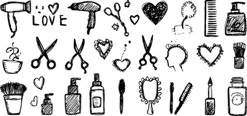 Illustration of hairdryer, scissors, and comb in a set. Black and white hand-drawn vector elements for grooming and beauty themes.
