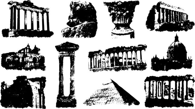 Engravings of classic architecture structures in vintage style. Black and white vector illustration showing historical monuments in a detailed set.