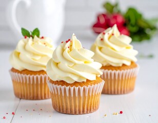 Three delicious cupcakes with swirled frosting and sprinkles