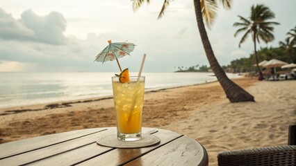A refreshing tropical drink served in a clear glass with bright colors creating a vibrant energizing beverage image ideal for summer themed visuals menus and refreshing drink promotions.