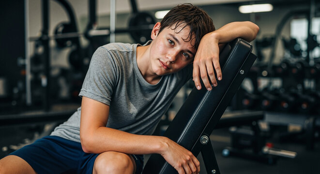 Teenage boy resting on gym bench after training in fitness center  