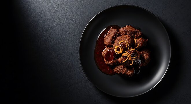 Gourmet Braised Meat Dish with Rich Sauce and Garnish on Black Plate