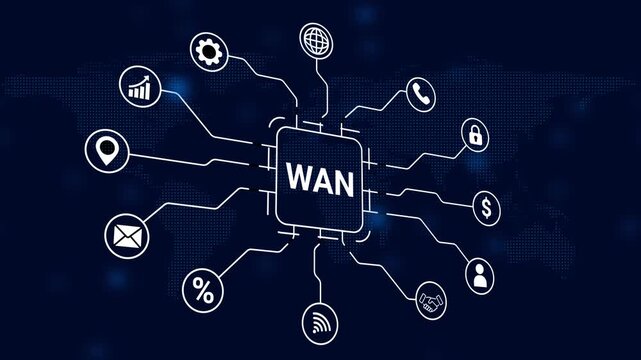 Wide Area Network WAN Technology Network Connection Icons on Digital World Map Background image photo