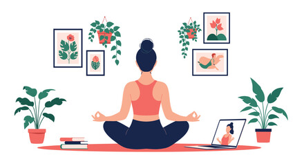 A woman in a lotus position follows an online yoga class on her laptop while meditating at home in a peaceful room.