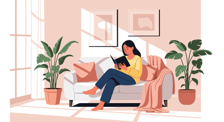 A young woman relaxing on a comfortable sofa and reading a book in her cozy and sunlit living room with many plants.