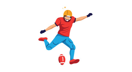 An energetic American football player in a red jersey and helmet kicking the ball during a game or practice session.