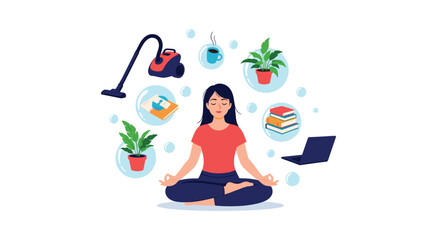 A woman meditates in a lotus position to find balance and calm while juggling work and household chores in floating bubbles.
