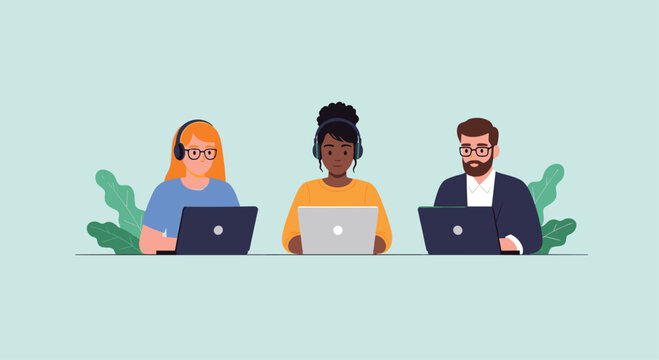 Diverse team of customer service agents with headsets working on their laptops in a modern call center or office environment. - Powered by Adobe
