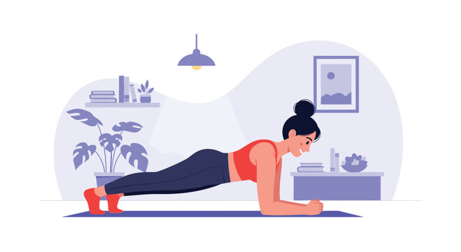A fit young woman in sportswear doing a plank exercise on a yoga mat at home as part of her daily workout routine.