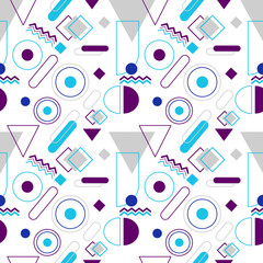 Memphis Style Blue Purple Geometric Pattern. Modern 80s Seamless Vector Design.