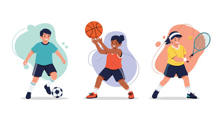Fototapeta premium A diverse group of active children happily playing different sports including soccer basketball and tennis on abstract backgrounds.