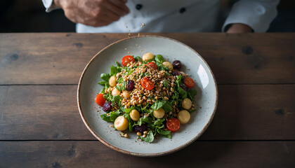 Chef carefully seasoning fresh vibrant salad with grains tomatoes mozzarella and nuts on rustic wooden table