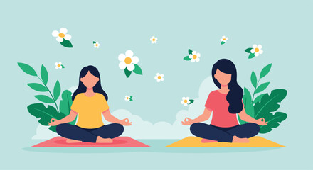 Two young women are meditating together in the lotus position outdoors surrounded by green leaves and floating white flowers.