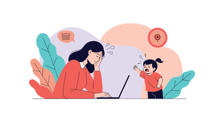 A stressed mother trying to concentrate on her laptop at work while her angry child is screaming and demanding attention.