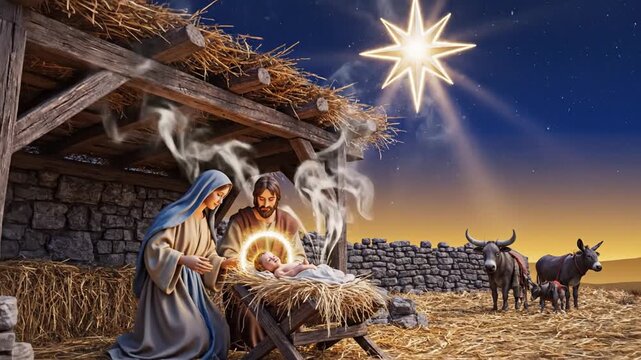 Bethlehem stable scene with hay texture, glowing Star of Bethlehem above, soft halo light illuminating baby Jesus