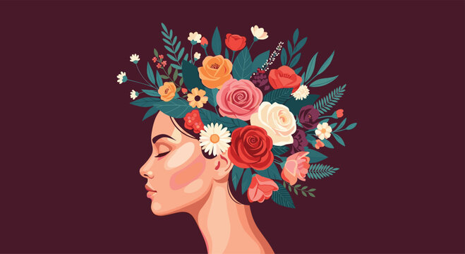 A side profile of a beautiful woman with her eyes closed and a vibrant and lush arrangement of flowers in her hair. - Powered by Adobe