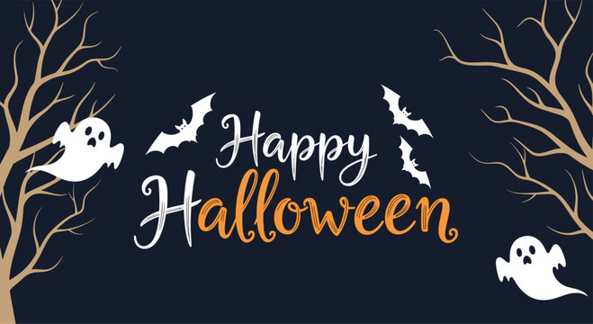 A spooky and festive Happy Halloween banner with scary ghosts bats and bare trees on a dark night background for celebration. - Powered by Adobe