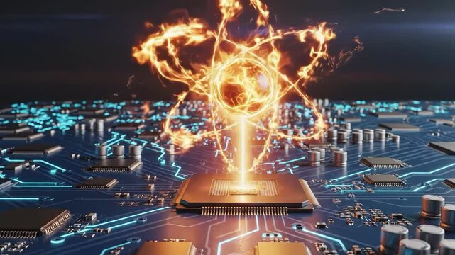 Fiery atom symbol emerging from a computer chip on a circuit board