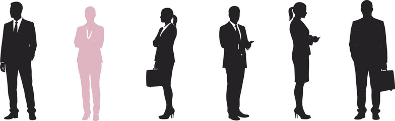 Business team silhouettes, corporate professionals, gender diversity, formal attire, leadership concept, teamwork illustration, business people, office staff, career growth, equality