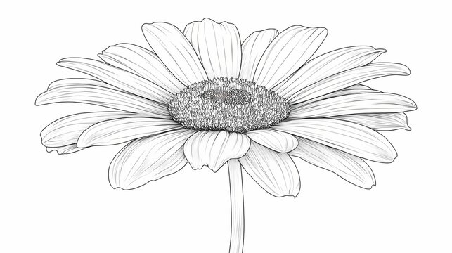 Detailed line drawing depicts a single composite flower bloom with ray florets and a central disc