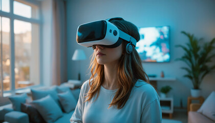 Young woman immersed in virtual reality experience wearing VR headset in cozy modern living room with soft blue lighting