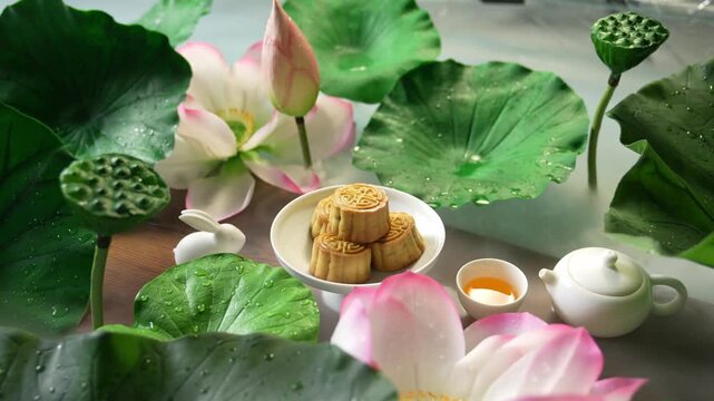 Traditional Chinese Mooncakes and Tea with Lotus Flowers Mid-Autumn Festival Celebration Scene
