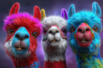 Obraz premium Drei bunte Alpakas mit flauschigem Fell – fantasievolle Tierillustration