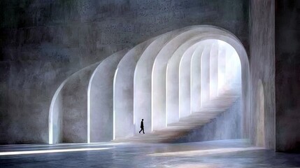 A solitary person walks up a long staircase that curves through a series of bright, arched openings in a modern, concrete building.
