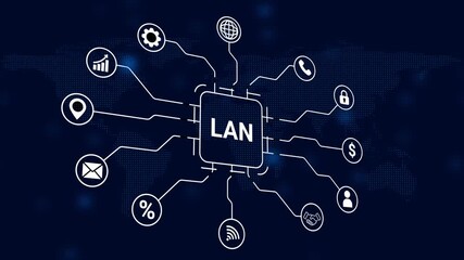 Local Area Network LAN Technology Network Connection Icons on Digital World Map Background image photo - Powered by Adobe